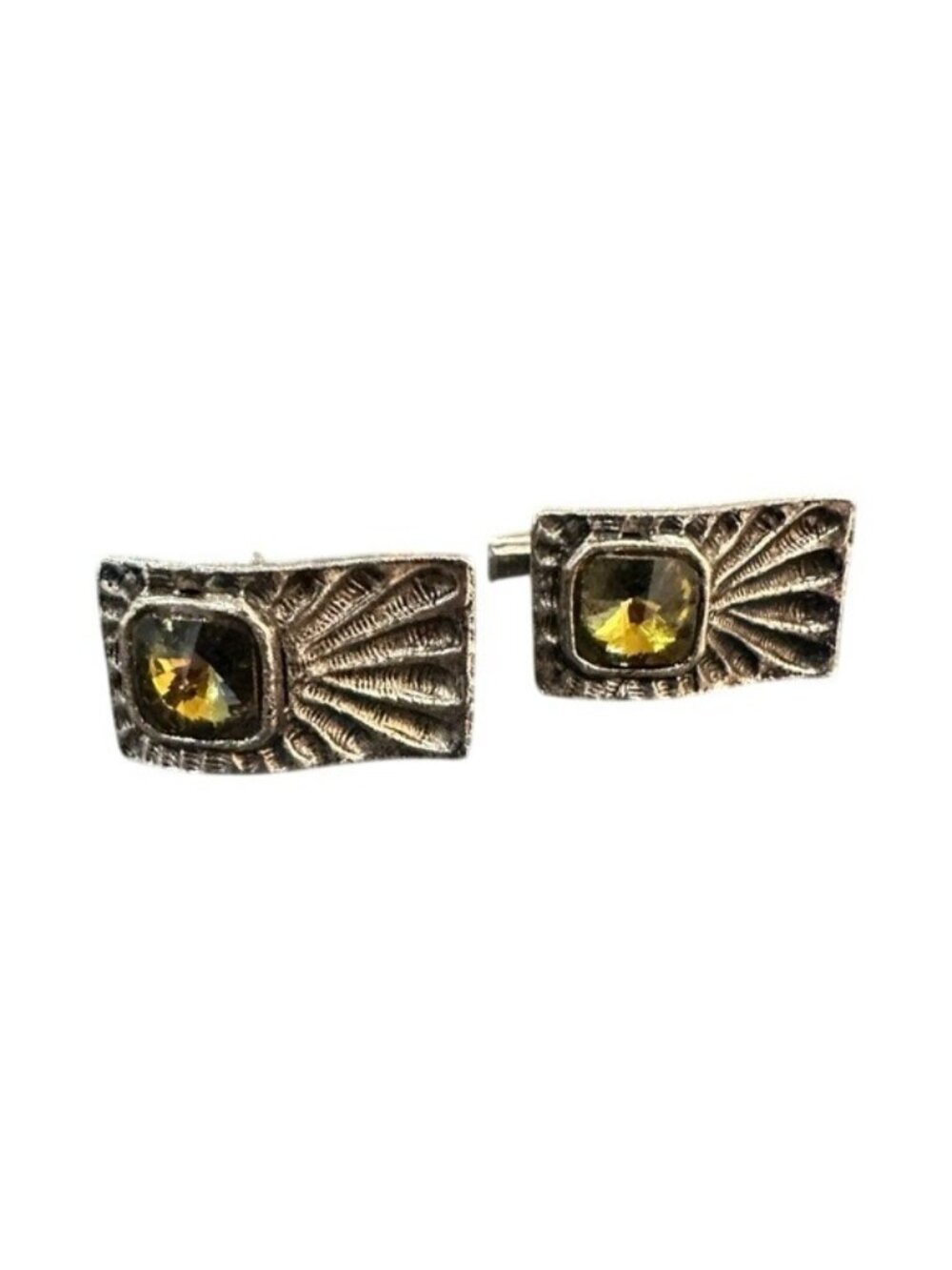 Vintage Silver Tone Cufflinks With Citrine Colored Centers Elegant Design Mens